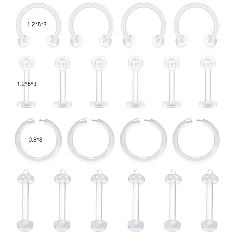Διαφανές ακρυλικό σετ piercing για μύτη, χείλη και ομφαλό – 20/36/55 τεμάχια, γυαλισμένο