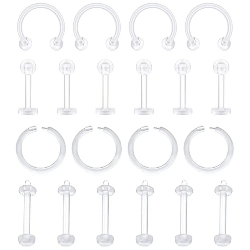 Διαφανές ακρυλικό σετ piercing για μύτη, χείλη και ομφαλό – 20/36/55 τεμάχια, γυαλισμένο