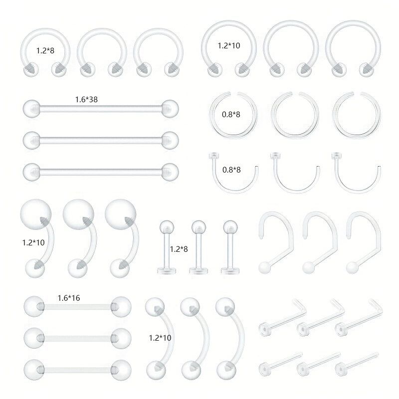 Διαφανές ακρυλικό σετ piercing για μύτη, χείλη και ομφαλό – 20/36/55 τεμάχια, γυαλισμένο