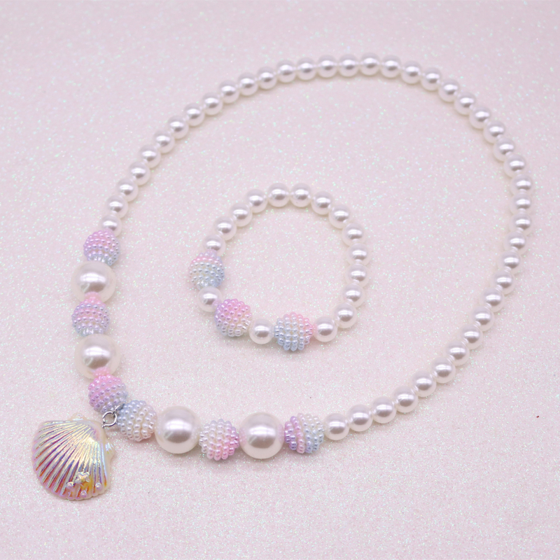 Bērnu komplekts – čaulveidīga kaklarota un rokassprādze, rokdarbs, akrils, Korejas stils, Princeses sērija, vasara 2021