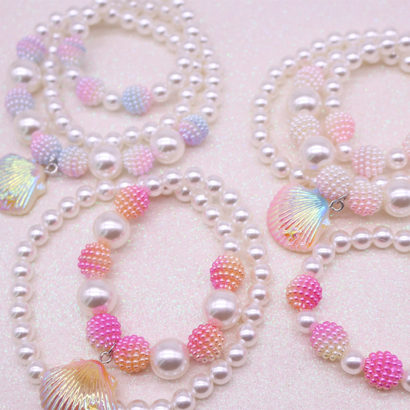 Bērnu komplekts – čaulveidīga kaklarota un rokassprādze, rokdarbs, akrils, Korejas stils, Princeses sērija, vasara 2021