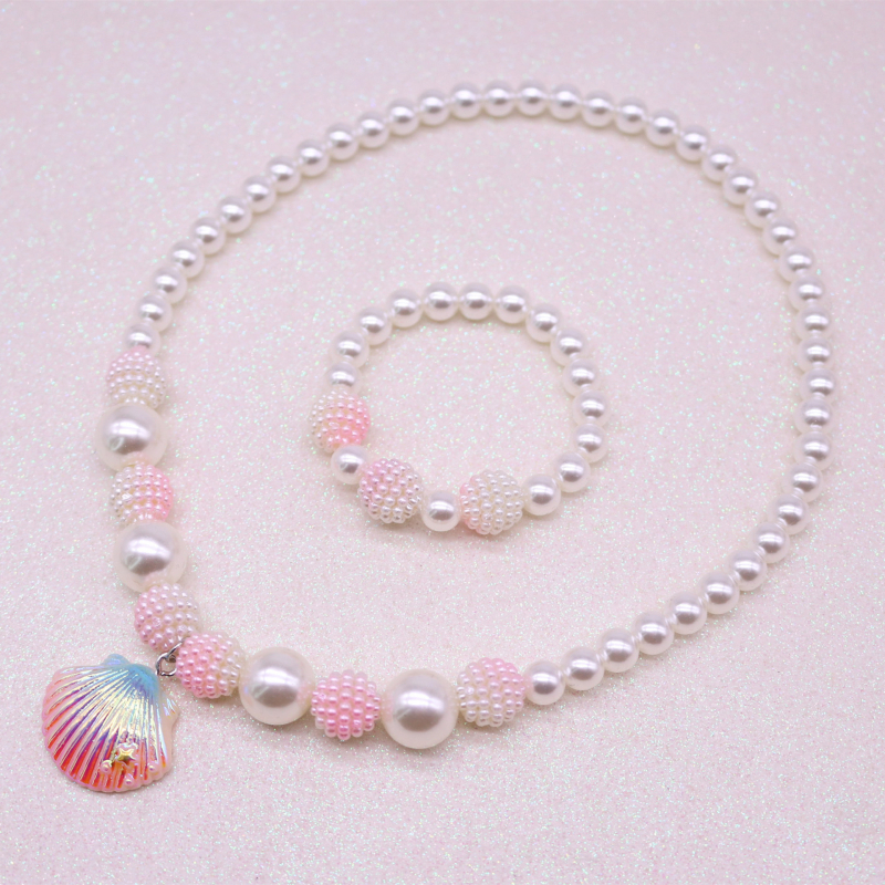 Bērnu komplekts – čaulveidīga kaklarota un rokassprādze, rokdarbs, akrils, Korejas stils, Princeses sērija, vasara 2021