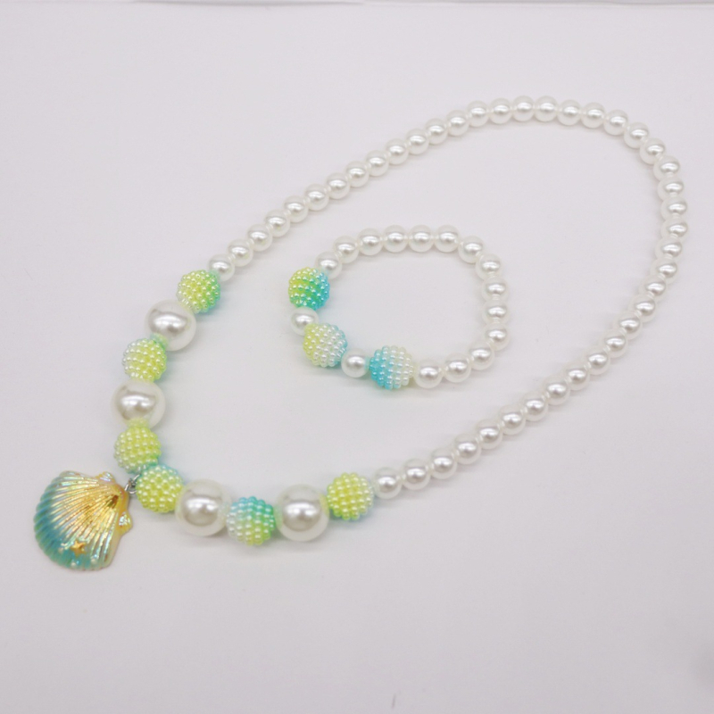 Bērnu komplekts – čaulveidīga kaklarota un rokassprādze, rokdarbs, akrils, Korejas stils, Princeses sērija, vasara 2021