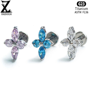 F136 Τιτάνιο lip studs με 5A ζιρκόνιο, σχέδιο τετράφυλλου κλαδιού, κράμα G23 για piercing σώματος