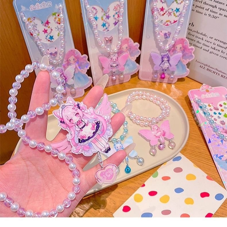 Ogrlica s perlicama u crtani stil s privjeskom princeze, ručno izrađeno, miješani materijali, Serija Princeza