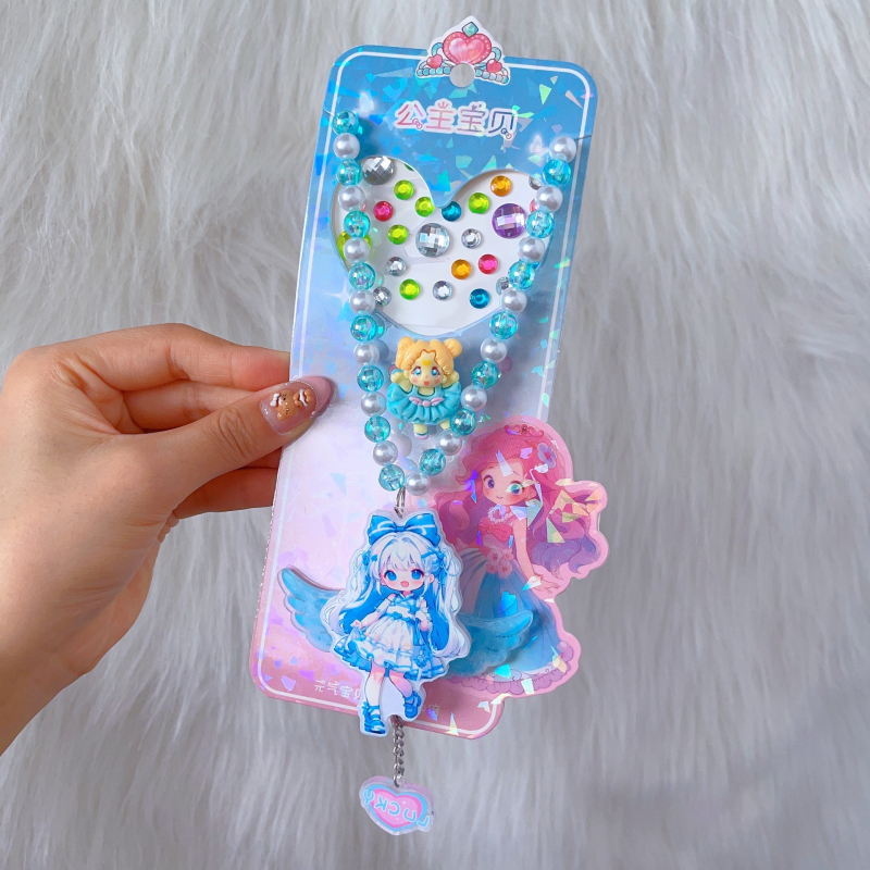 Ogrlica s perlicama u crtani stil s privjeskom princeze, ručno izrađeno, miješani materijali, Serija Princeza