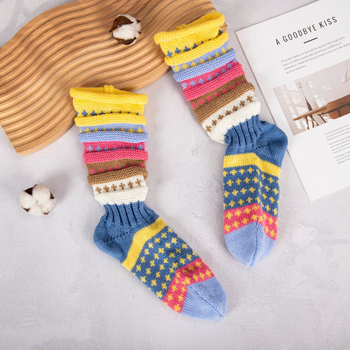 Ежедневни чорапи с дълъг маншон, райета в етнически стил, 80–90% полиестер, антихлъзгащи, попиване на пот и дезодориране, есенно-зимни