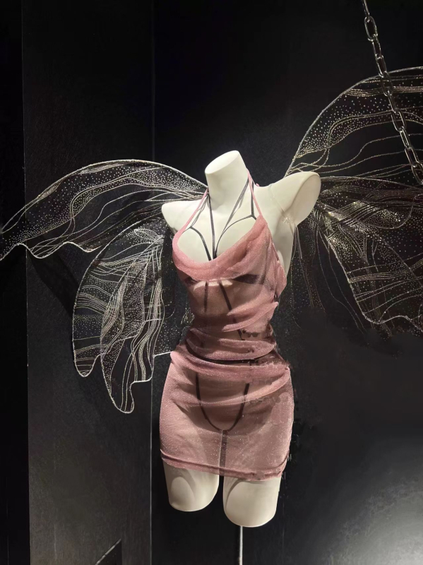 Domila Секси костюм за ролеви игра: прислужница в китайски стил, прозрачен мрежест дизайн, бюст-разкриващ, полиестер