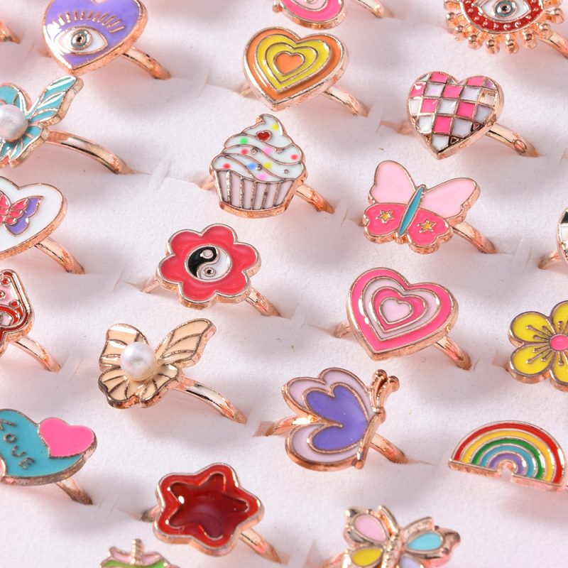 Vaikų žiedų komplektas iš lydinio, animacinio stiliaus, reguliuojami žiedai, 36 vnt., Princesių serija