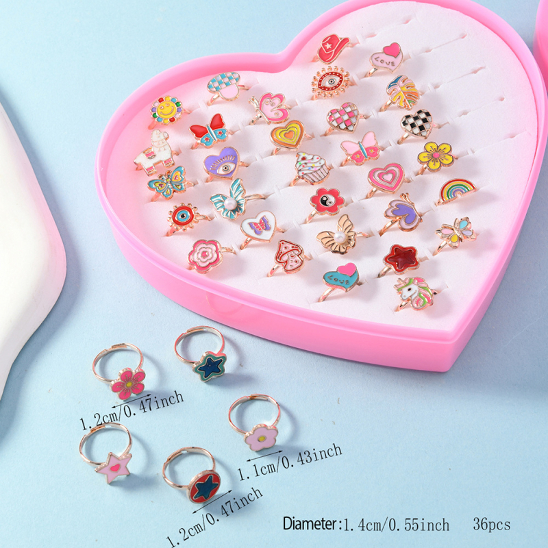 Vaikų žiedų komplektas iš lydinio, animacinio stiliaus, reguliuojami žiedai, 36 vnt., Princesių serija