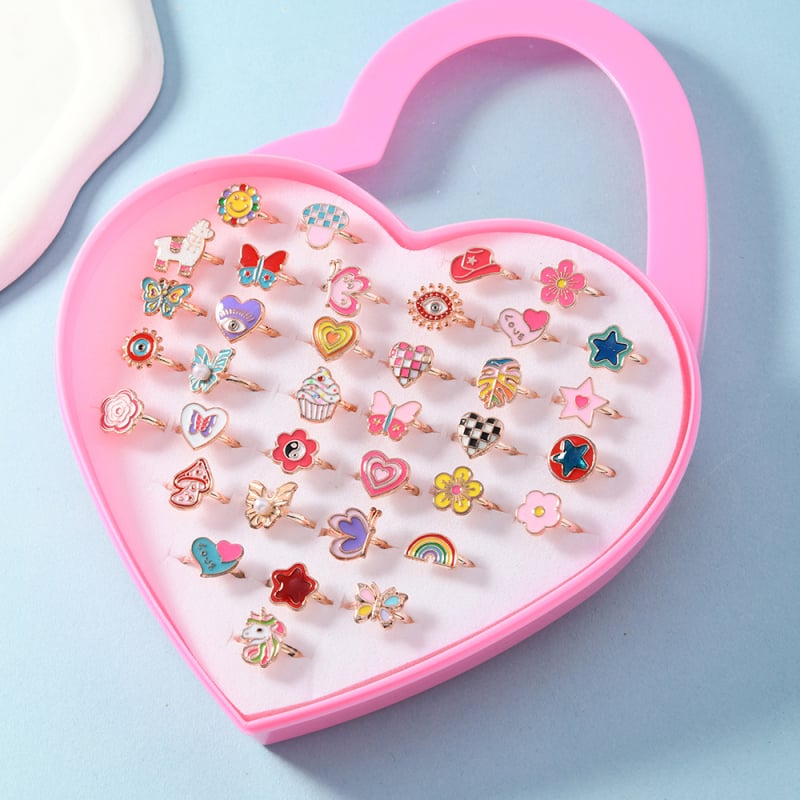 Vaikų žiedų komplektas iš lydinio, animacinio stiliaus, reguliuojami žiedai, 36 vnt., Princesių serija