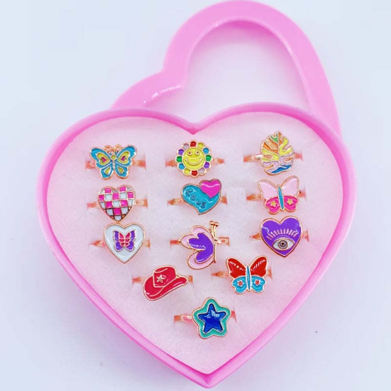 Vaikų žiedų komplektas iš lydinio, animacinio stiliaus, reguliuojami žiedai, 36 vnt., Princesių serija