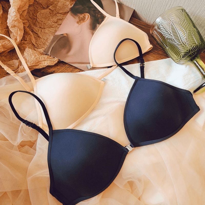 Elöl záródó melltartó, keresztpántos halter nyakú, hátsó rész nélküli, vezeték nélküli, pamut anyag