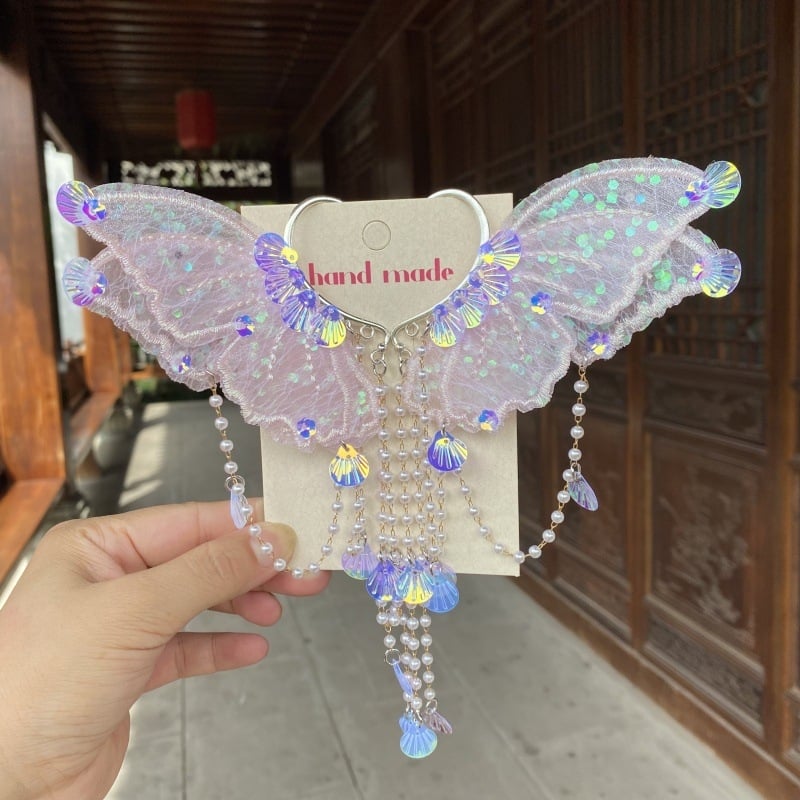 Klip-on kõrvarõngad: merine nymf, mollusk, pärlite kupp, liblika tiivad – Printsesside sari, käsitöö