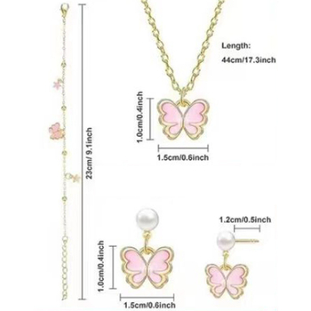 Gyerekeknek szánt ötvözet ékszerkészlet: fülbevaló, nyaklánc és karkötő motívumokkal (pillangó, szív, négylevelű lóhere és margaréta); anyag: ötvözet; lánc stílusa: O-lánc; medál anyaga: ötvözet; minta: virágok