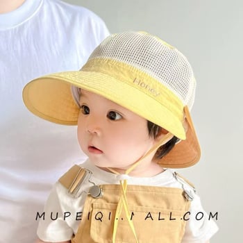 Baba nyári napvédő sapka, halász stílus, nagy karimával, hálós panellel, levehető sál, légáteresztő poliészterből