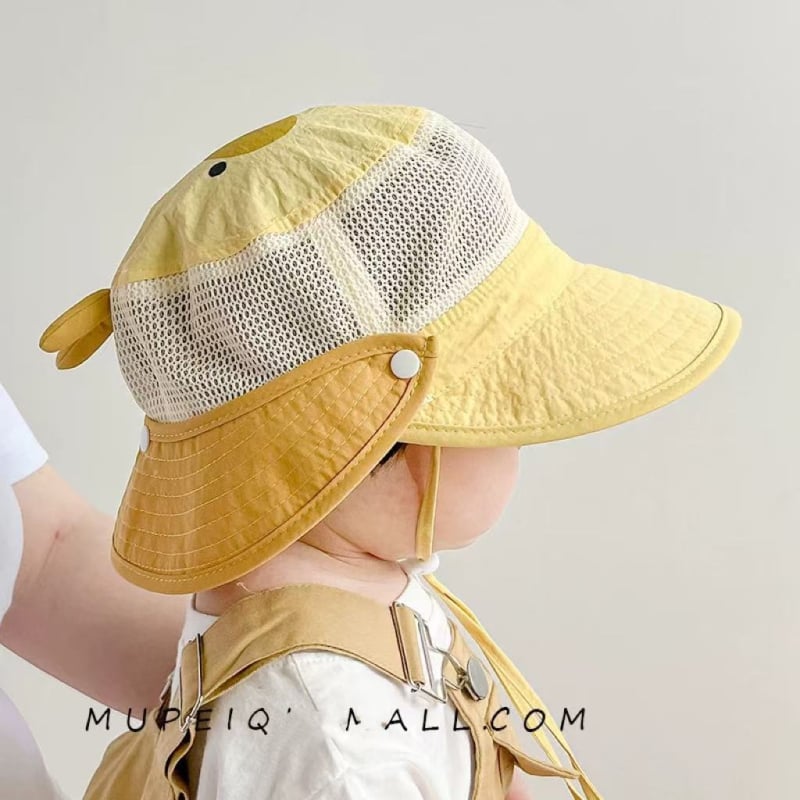 Baba nyári napvédő sapka, halász stílus, nagy karimával, hálós panellel, levehető sál, légáteresztő poliészterből