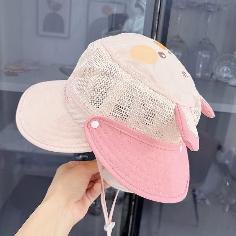 Baba nyári napvédő sapka, halász stílus, nagy karimával, hálós panellel, levehető sál, légáteresztő poliészterből