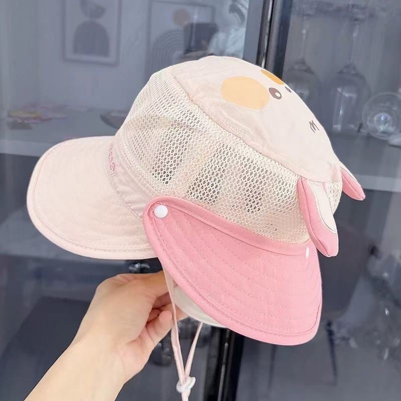 Baba nyári napvédő sapka, halász stílus, nagy karimával, hálós panellel, levehető sál, légáteresztő poliészterből