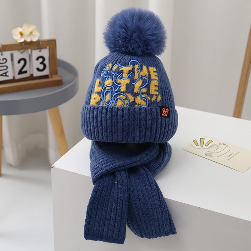 Gyerekeknek szóló sapka-sál készlet, akril kötött, fülvédővel, magas sapka, téli viselet, 2–10 év