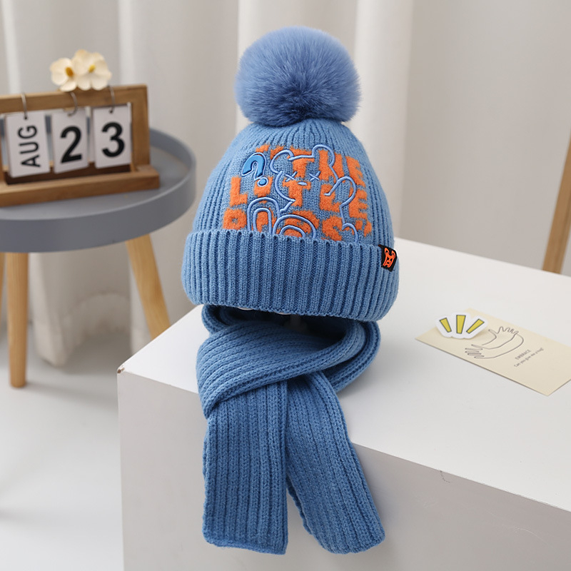 Gyerekeknek szóló sapka-sál készlet, akril kötött, fülvédővel, magas sapka, téli viselet, 2–10 év
