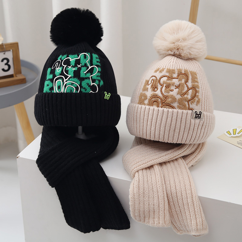 Gyerekeknek szóló sapka-sál készlet, akril kötött, fülvédővel, magas sapka, téli viselet, 2–10 év