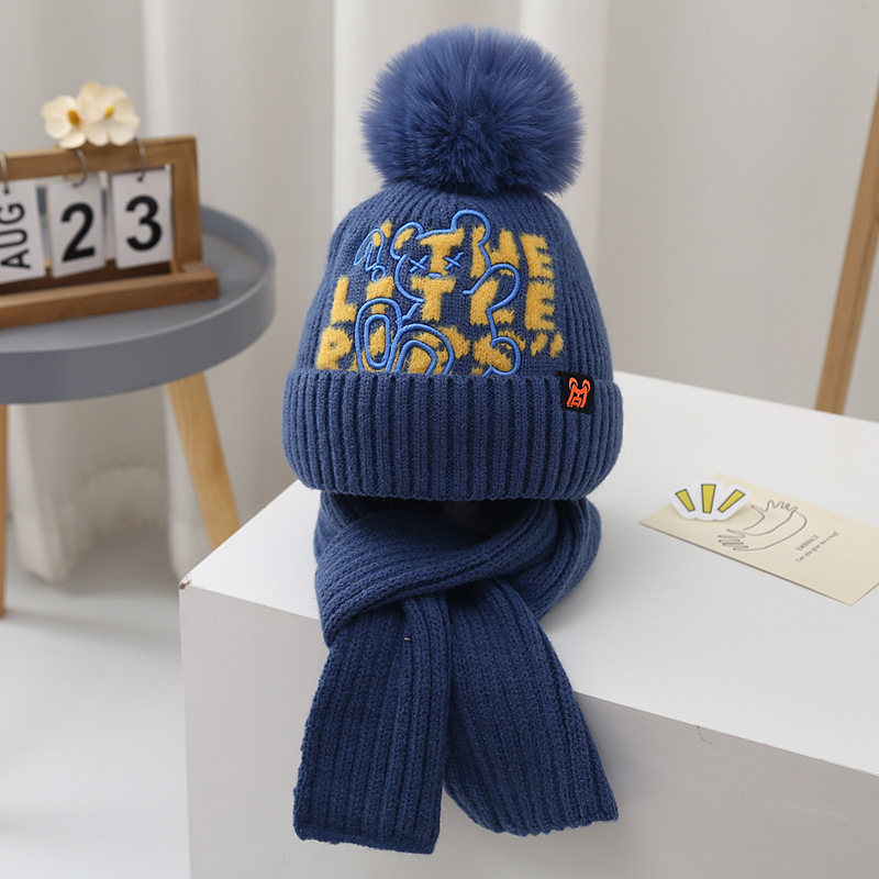 Gyerekeknek szóló sapka-sál készlet, akril kötött, fülvédővel, magas sapka, téli viselet, 2–10 év