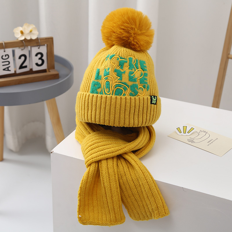 Gyerekeknek szóló sapka-sál készlet, akril kötött, fülvédővel, magas sapka, téli viselet, 2–10 év