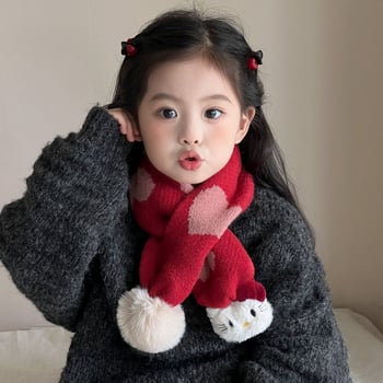 Gyermekeknek való sál szív alakú szőrmegolyóval, őszi–téli, báránygyapjú, jacquard, szélvédett nyakvédő