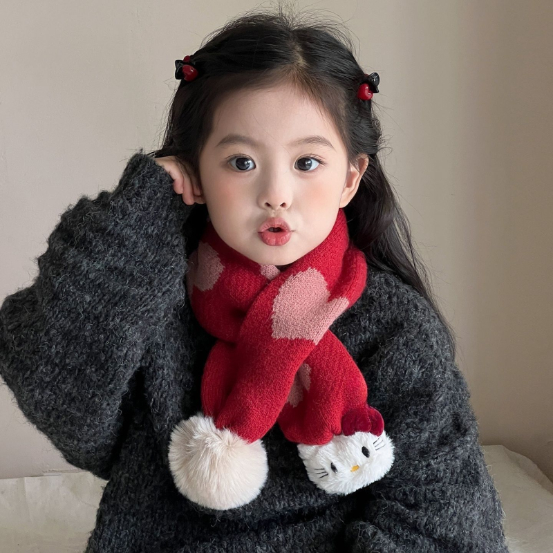 Gyermekeknek való sál szív alakú szőrmegolyóval, őszi–téli, báránygyapjú, jacquard, szélvédett nyakvédő