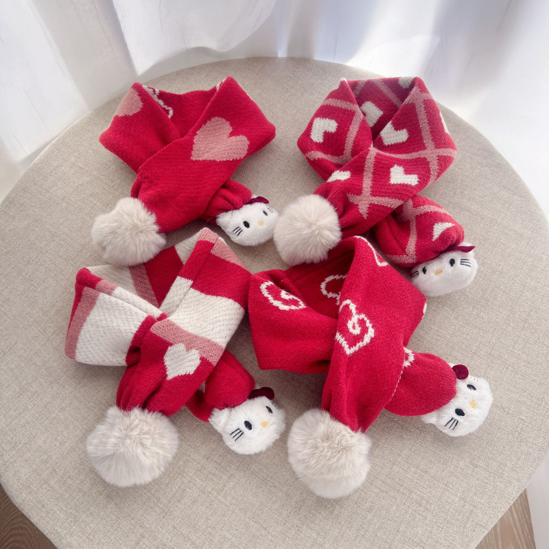 Gyermekeknek való sál szív alakú szőrmegolyóval, őszi–téli, báránygyapjú, jacquard, szélvédett nyakvédő