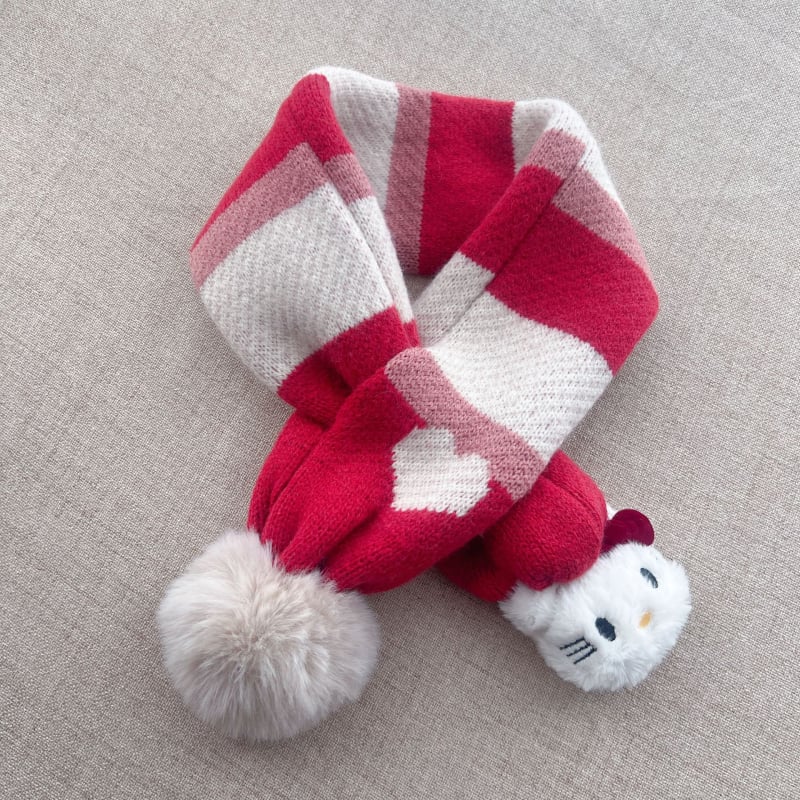 Gyermekeknek való sál szív alakú szőrmegolyóval, őszi–téli, báránygyapjú, jacquard, szélvédett nyakvédő