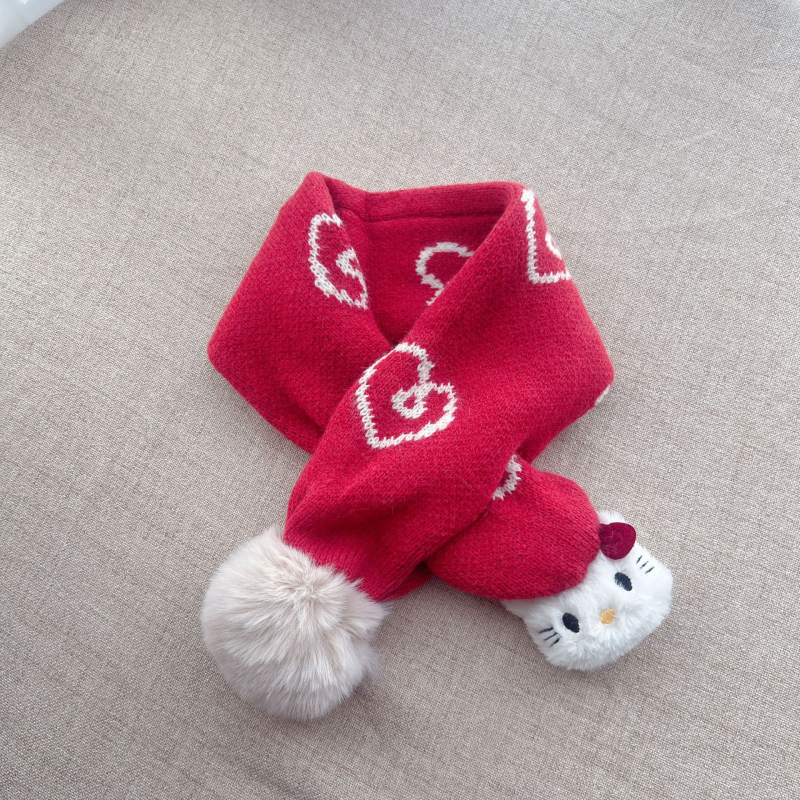 Gyermekeknek való sál szív alakú szőrmegolyóval, őszi–téli, báránygyapjú, jacquard, szélvédett nyakvédő