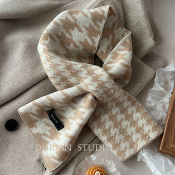 Κασκόλ με σχέδιο houndstooth, 100% μαλλί, πλεκτό για τον χειμώνα