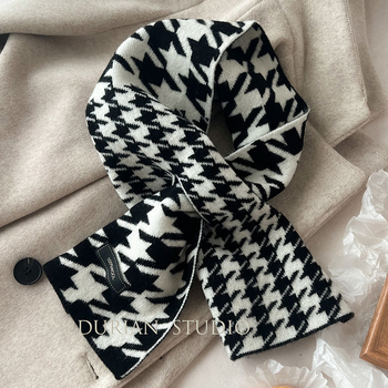 Κασκόλ με σχέδιο houndstooth, 100% μαλλί, πλεκτό για τον χειμώνα