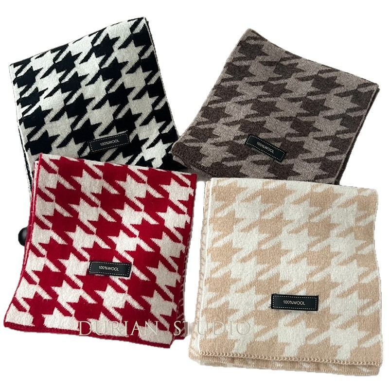 Κασκόλ με σχέδιο houndstooth, 100% μαλλί, πλεκτό για τον χειμώνα