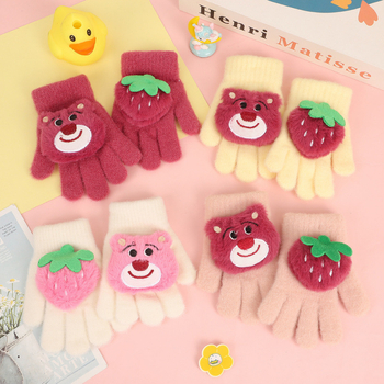 Dječje rukavice s pet prstiju Strawberry Bear cartoon uzorak, kristalni baršun, zima, dobna skupina 5–12 godina, izvezeni