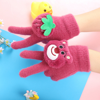 Dječje rukavice s pet prstiju Strawberry Bear cartoon uzorak, kristalni baršun, zima, dobna skupina 5–12 godina, izvezeni