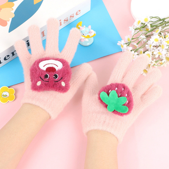Dječje rukavice s pet prstiju Strawberry Bear cartoon uzorak, kristalni baršun, zima, dobna skupina 5–12 godina, izvezeni
