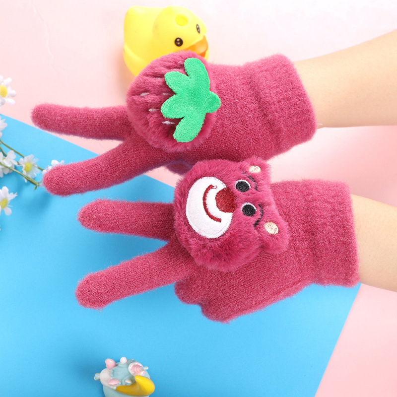 Dječje rukavice s pet prstiju Strawberry Bear cartoon uzorak, kristalni baršun, zima, dobna skupina 5–12 godina, izvezeni