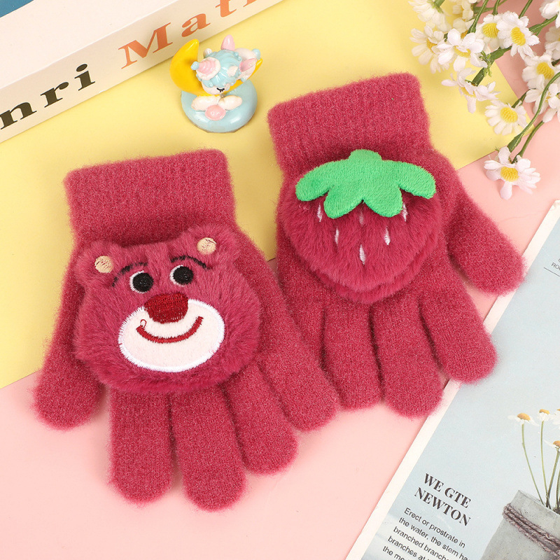 Dječje rukavice s pet prstiju Strawberry Bear cartoon uzorak, kristalni baršun, zima, dobna skupina 5–12 godina, izvezeni