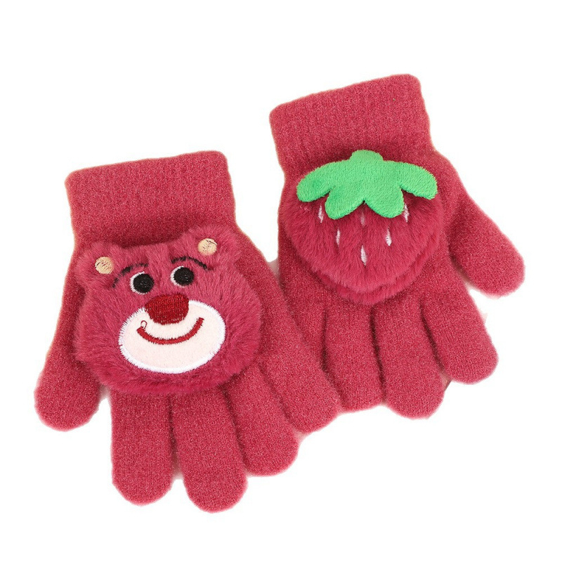 Dječje rukavice s pet prstiju Strawberry Bear cartoon uzorak, kristalni baršun, zima, dobna skupina 5–12 godina, izvezeni