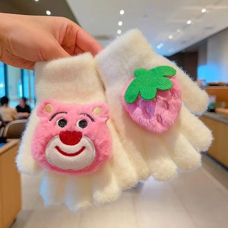Dječje rukavice s pet prstiju Strawberry Bear cartoon uzorak, kristalni baršun, zima, dobna skupina 5–12 godina, izvezeni