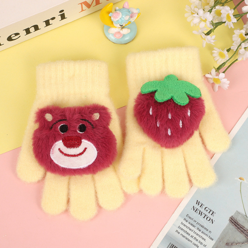 Dječje rukavice s pet prstiju Strawberry Bear cartoon uzorak, kristalni baršun, zima, dobna skupina 5–12 godina, izvezeni