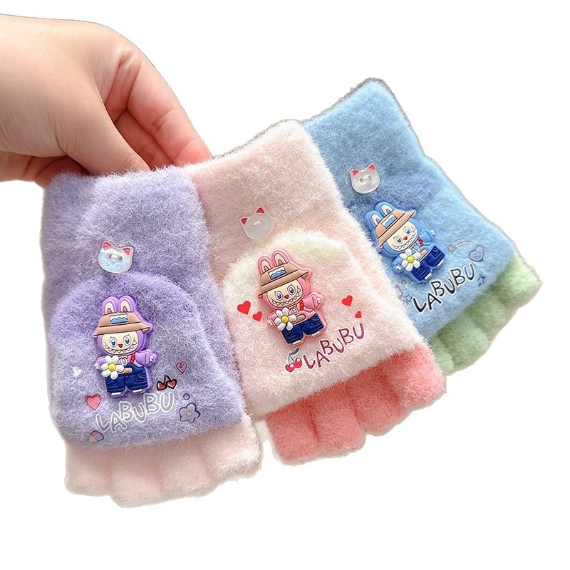 Dječje pletene zimske rukavice, unisex, rukavice s prstima do pola, cartoon uzorak, zadržavaju toplinu, za djecu 4–10 godina