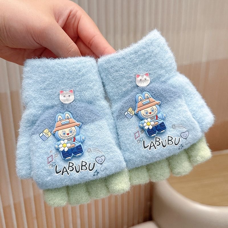 Dječje pletene zimske rukavice, unisex, rukavice s prstima do pola, cartoon uzorak, zadržavaju toplinu, za djecu 4–10 godina