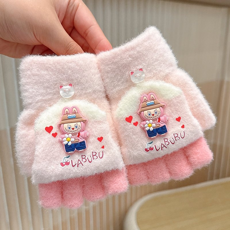 Dječje pletene zimske rukavice, unisex, rukavice s prstima do pola, cartoon uzorak, zadržavaju toplinu, za djecu 4–10 godina