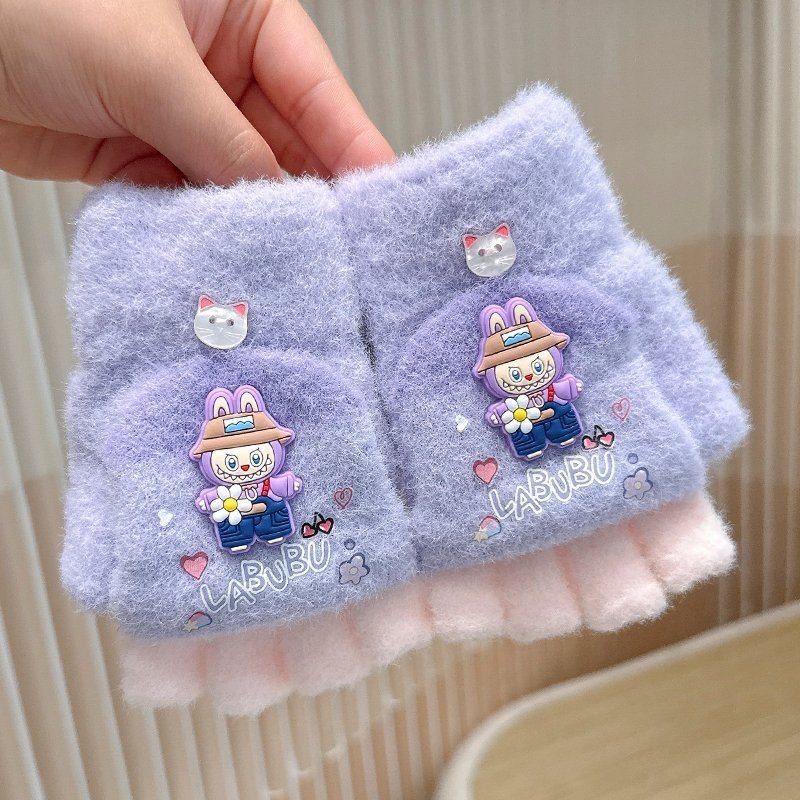 Dječje pletene zimske rukavice, unisex, rukavice s prstima do pola, cartoon uzorak, zadržavaju toplinu, za djecu 4–10 godina
