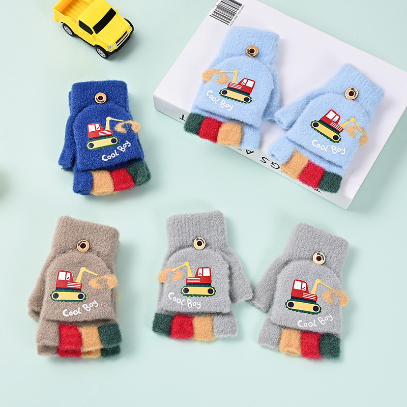 Unisex zimske pletene pliš rukavice s dizajnom Half-Finger Flip-Top, karikatura uzorak, za djecu 4–12 godina