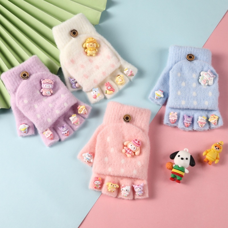 Dječje rukavice s pola prsta – pletene, crtani motiv, Crystal Velvet, unisex, uzrast 5–15, toplo zima/jesen/proljeće